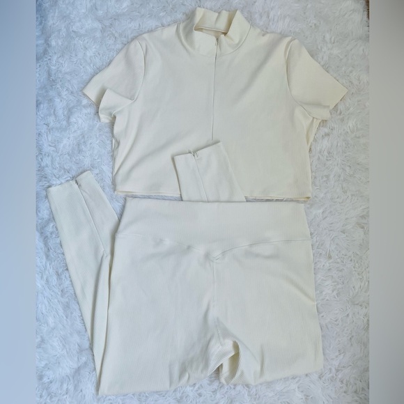 NAMA Toronto ivory ribbed workout set high waist leggings and zip crop top SZ 2X - Picture 5 of 8